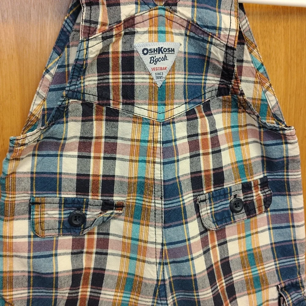 OshKosh B'gosh Kids Plaid Shorts Overalls Blue, Maroon, Mustard, Teal And Cream
